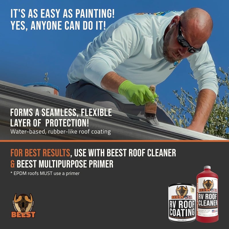 BEEST RV Roof Coating White, 32 Oz Covers up to 12.5 sq ft (2 Coats), Solar Reflective & Waterproof Sealant| Elastomeric Leak Repair Coating, Liquid Rubber RV Roof Sealant for Trailers, Camper & More - Image 3